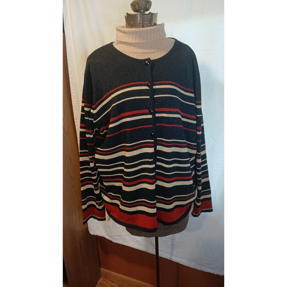 Alfred Dunner Women 2X Silk Blend Metallic SPARKLE Striped Button Up Cardigan